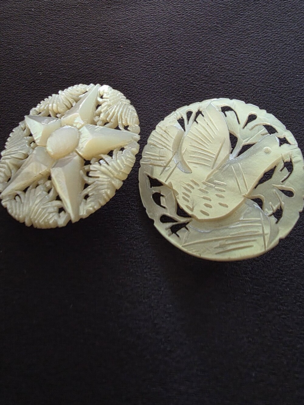 Bethlehem Mother of Pearl Hand Carved Dove & Flower Brooch Pin Set